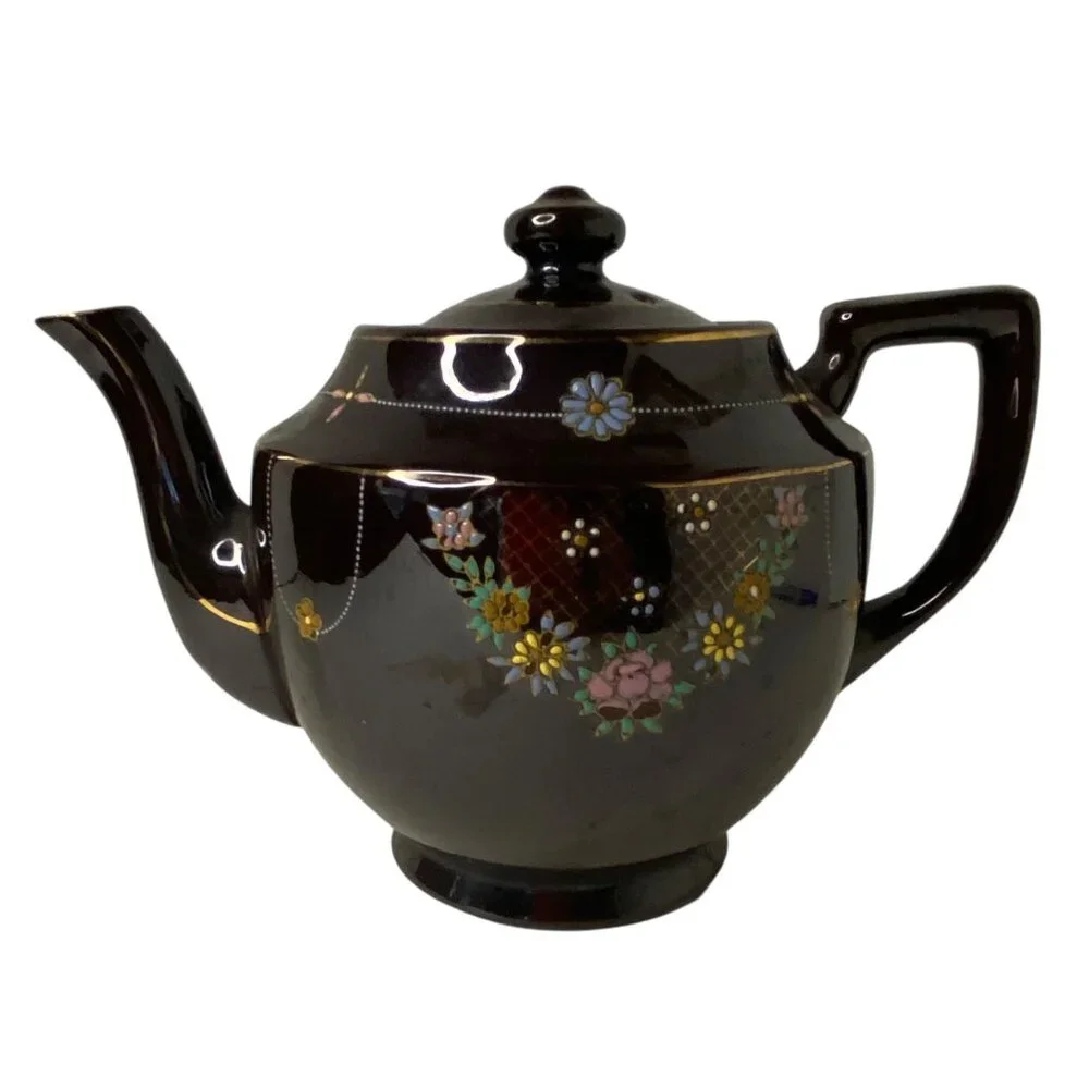 Vintage 1940's Glossy Brown Ceramic Teapot Moriage Painted Flower Made‎ in Japan